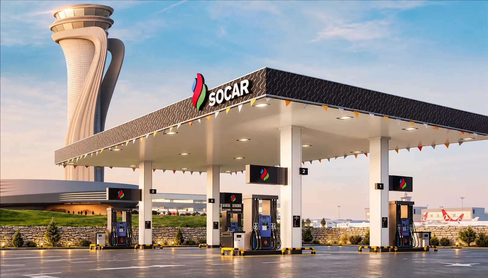 Modern SOCAR akaryakıt istasyonu ve çevresi